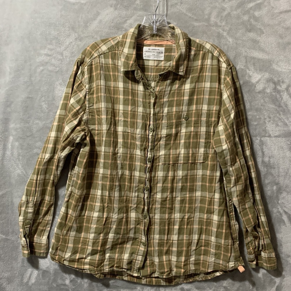 REI Co-op Women's Large Plaid Button Down Shirt Long Sleeve Cotton Green
